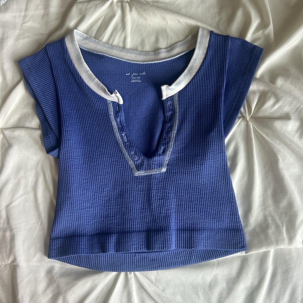 Urban Outfitters Blue Ribbed Crop Top with White Trim